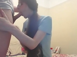 Amateur nerdy shemale deepthroats with an increment of anal fuck